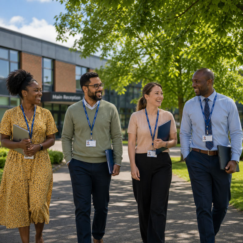 Four school business professionals walking together outside a school