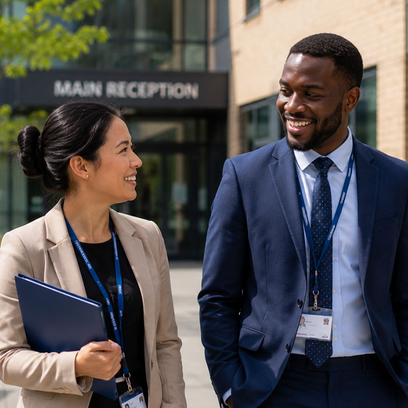 Two school leaders talking outside a school's main reception