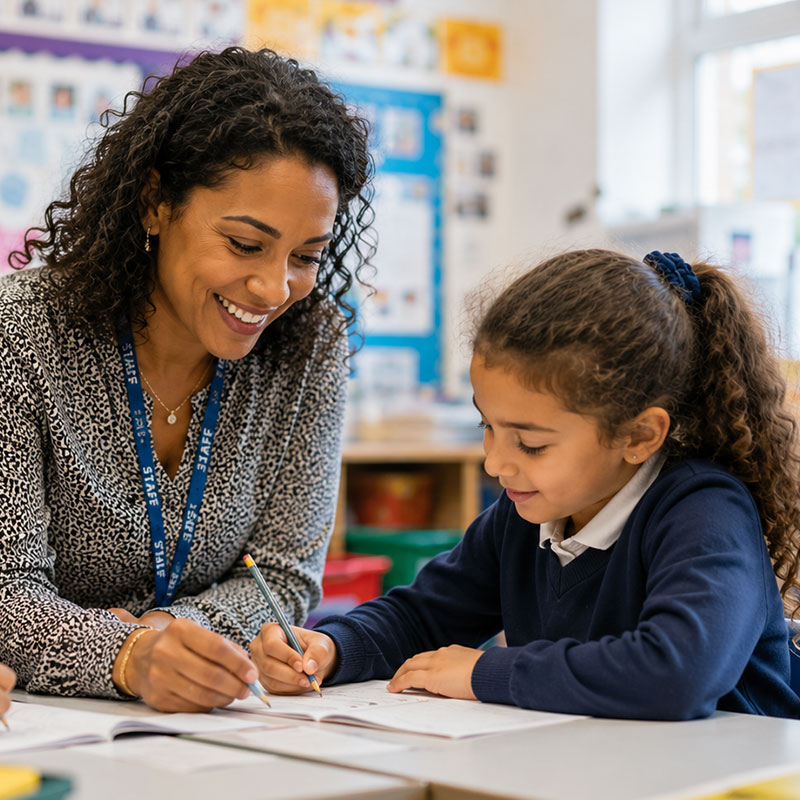 A learning support assistant helping a primary school pupil with her writing