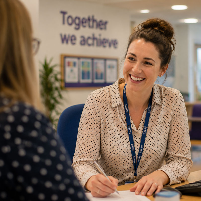 A school receptionist smiling while helping a visitor at the front desk