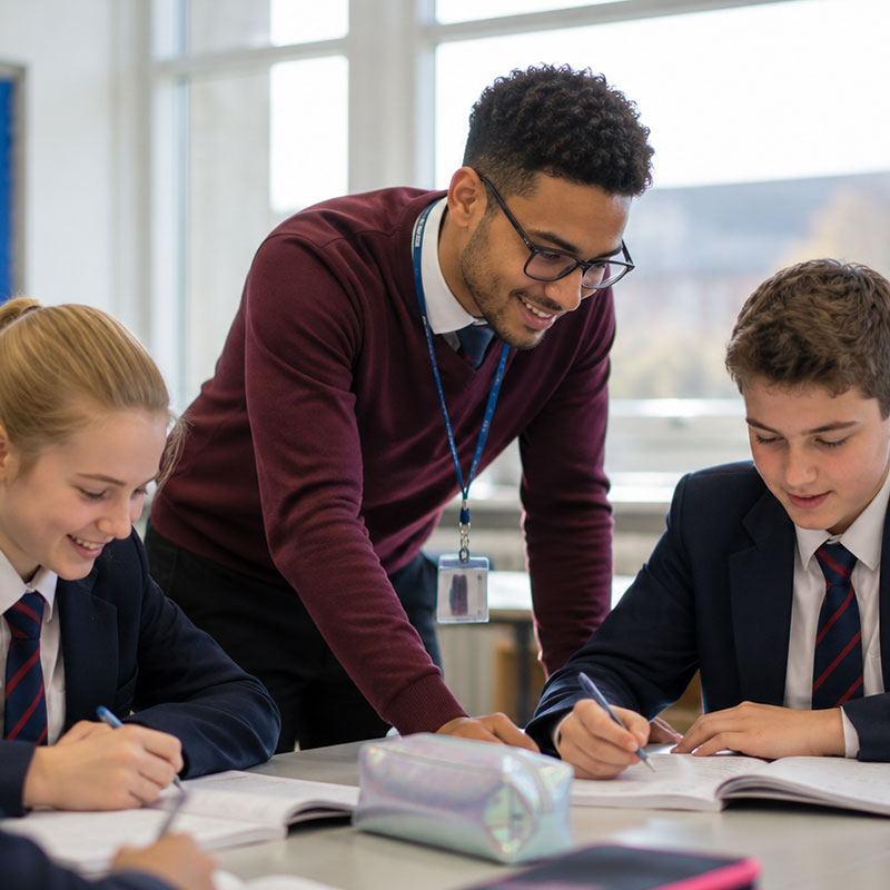 A secondary school teacher helping two students with their classwork